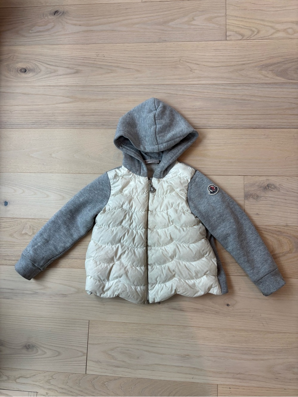 Moncler Girls 2T Hooded Jacket - Cream Front with Gray Sleeves